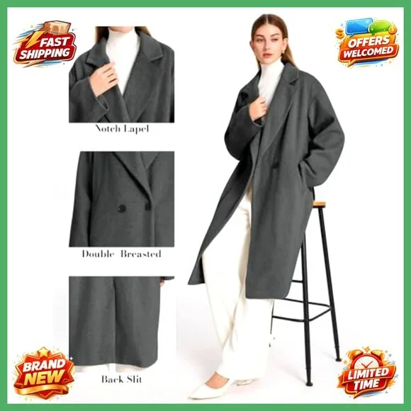 Wool Blend Mid-Length Peacoat, Single-Breasted, Office Casual Outerwear